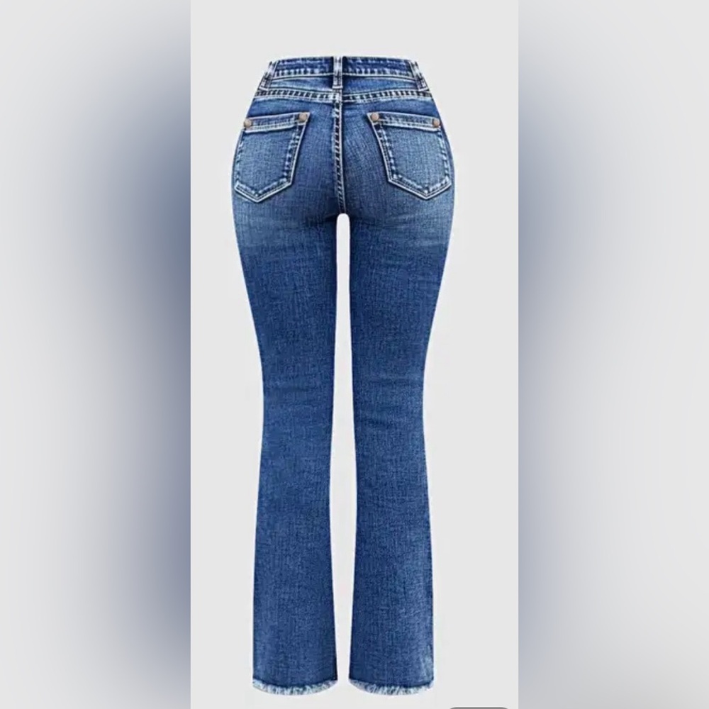 NEW ! Women’s Blue Boot Cut Jeans with Side Button Detail-Large 30-35”W/31.75” L - Picture 9 of 11